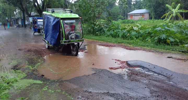 নাটোরের ওয়ালিয়া-লালপুরে সড়কে খানাখন্দ, ভোগান্তি।