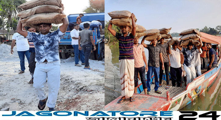 ত্রাণের বস্তা মাথায় নিয়ে বানভাসীদের পৌছে দিলেন সিংড়ার পৌর মেয়র